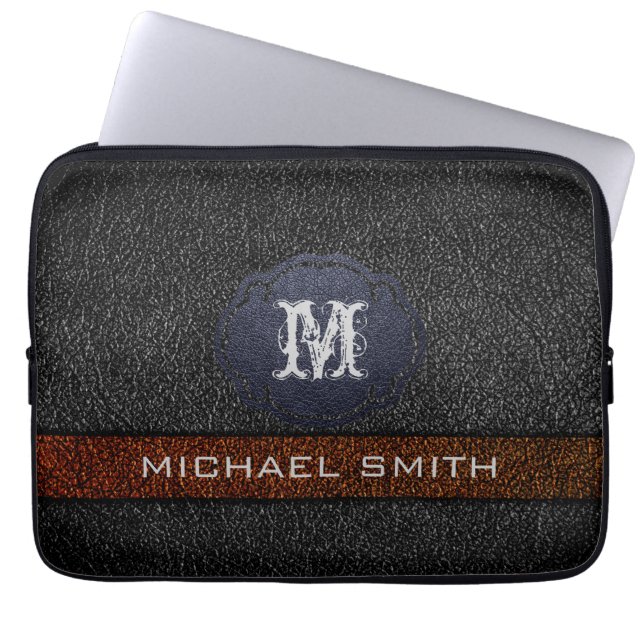Custom Monogram Brown and Black Leather Laptop Sleeve (Front)
