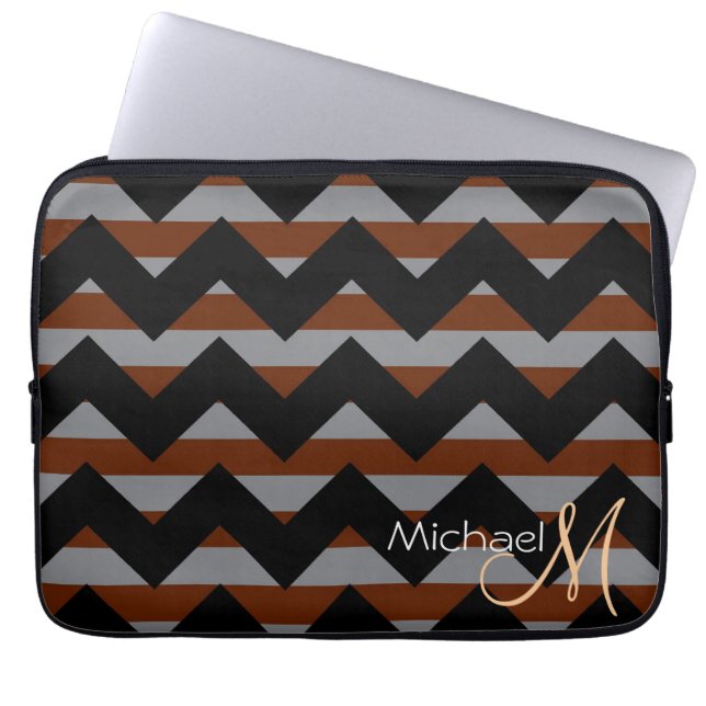 Custom Monogram Brown Chevron Zigzag Laptop Sleeve (Front)