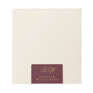 Custom Monogram Burgundy Gold Cream Minimalist Men Notepad