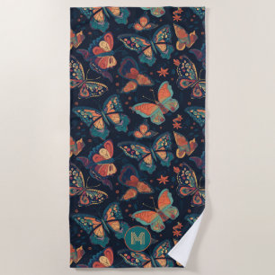 Custom Monogram Butterfly Pattern Beach Towel