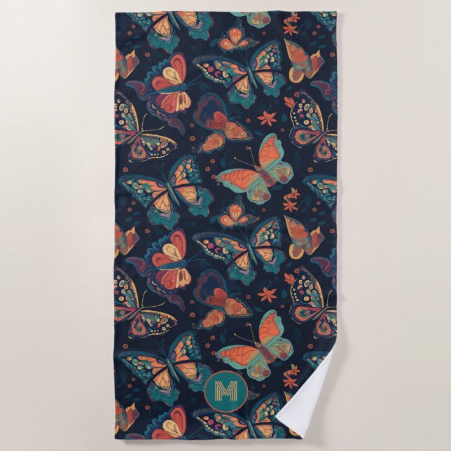 Custom Monogram Butterfly Pattern Beach Towel (Front)