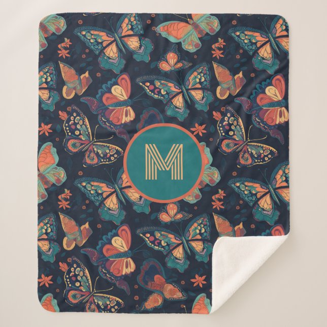 Custom Monogram Butterfly Pattern Sherpa Blanket (Front)