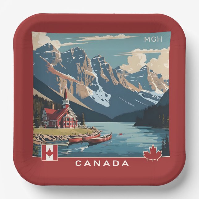Custom Monogram Canada Travel Poster Paper Plate (Front)