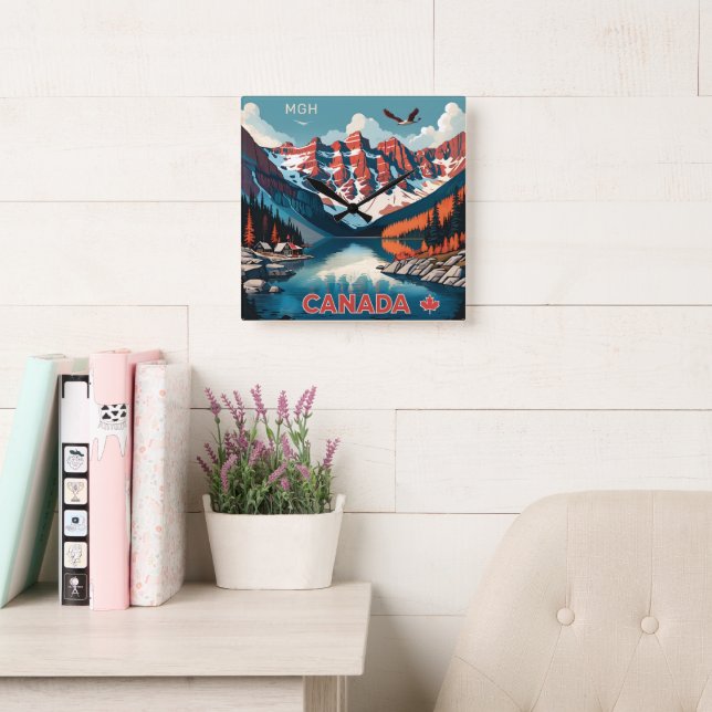 Custom Monogram Canada Travel Poster Square Wall Clock (Reading Room)