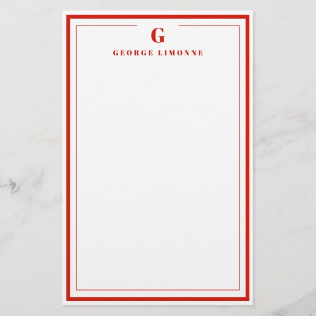 Custom Monogram Candy Red Border Stationery  (Front)