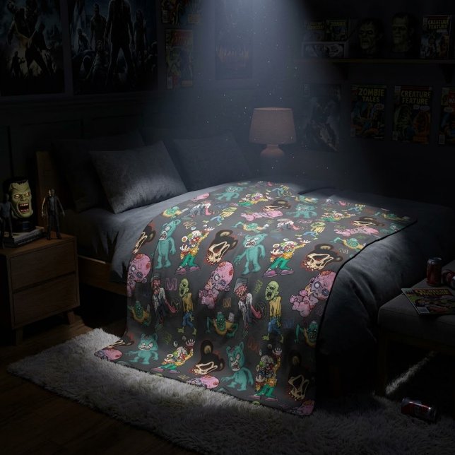 Custom Monogram Cartoon Zombie Comic Pattern Fleece Blanket (Creator Uploaded)