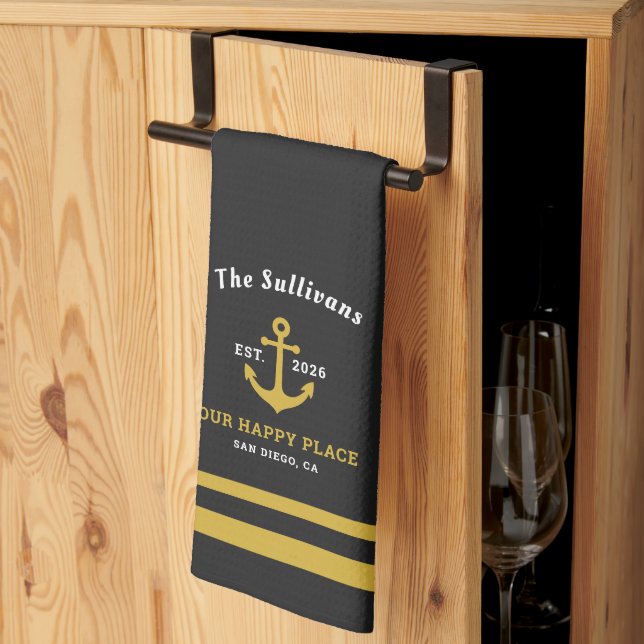 Custom Monogram Charcoal Black Gold Anchor Tea Towel (Thirds Fold)