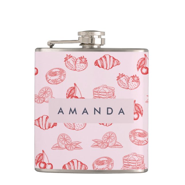 Custom Monogram Charming Girly Cherry Strawberry Hip Flask (Front)