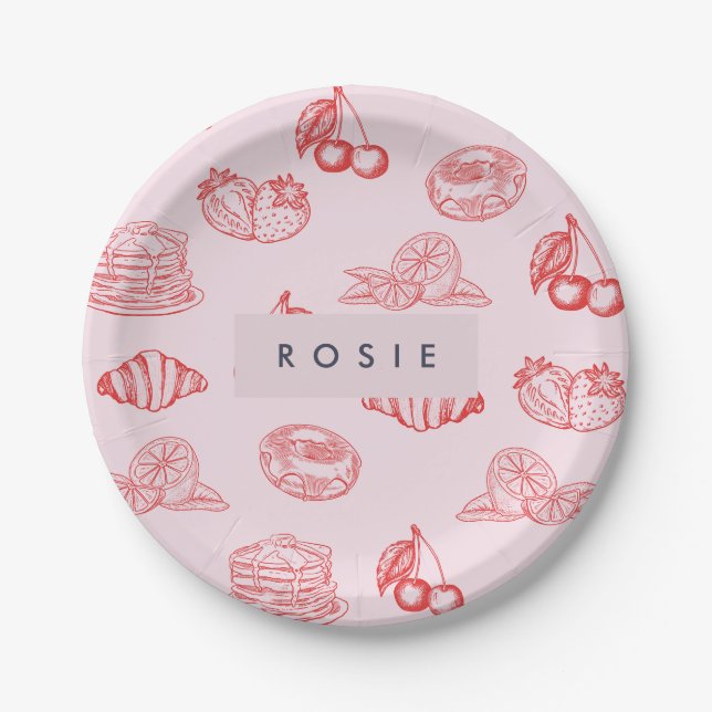 Custom Monogram Charming Girly Cherry Strawberry Paper Plate (Front)