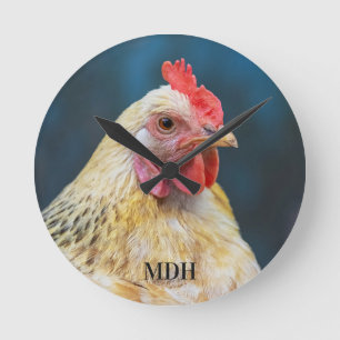 Custom Monogram Chicken Close-Up Round Clock