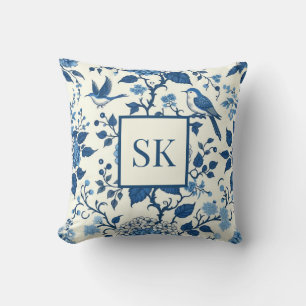 Custom Monogram Chinoiserie Blue and White Cushion