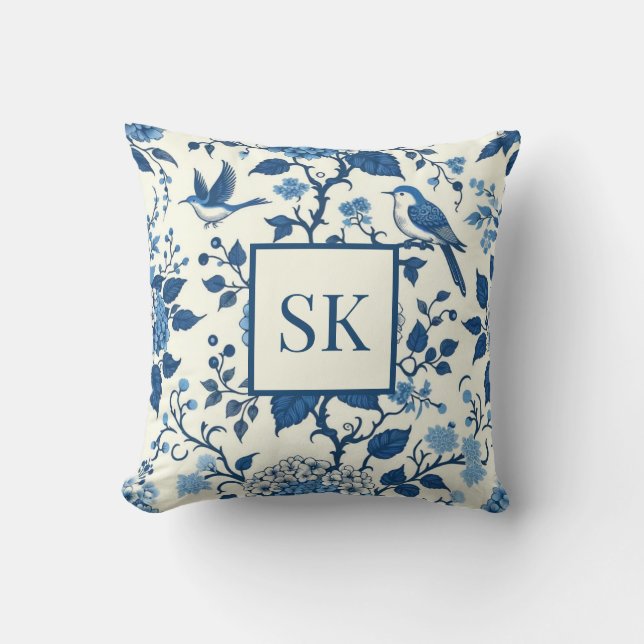 Custom Monogram Chinoiserie Blue and White  Cushion (Front)