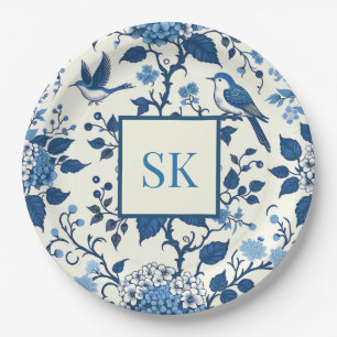 Custom Monogram Chinoiserie Chic, Hydrangeas Paper Plate