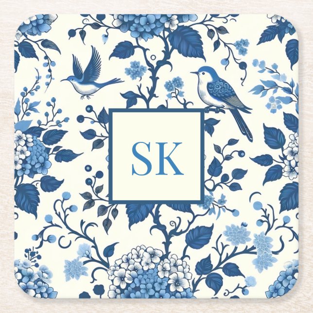 Custom Monogram Chinoiserie Chic, Hydrangeas  Square Paper Coaster (Front)
