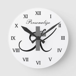 Custom monogram Christian religious cross symbol Round Clock