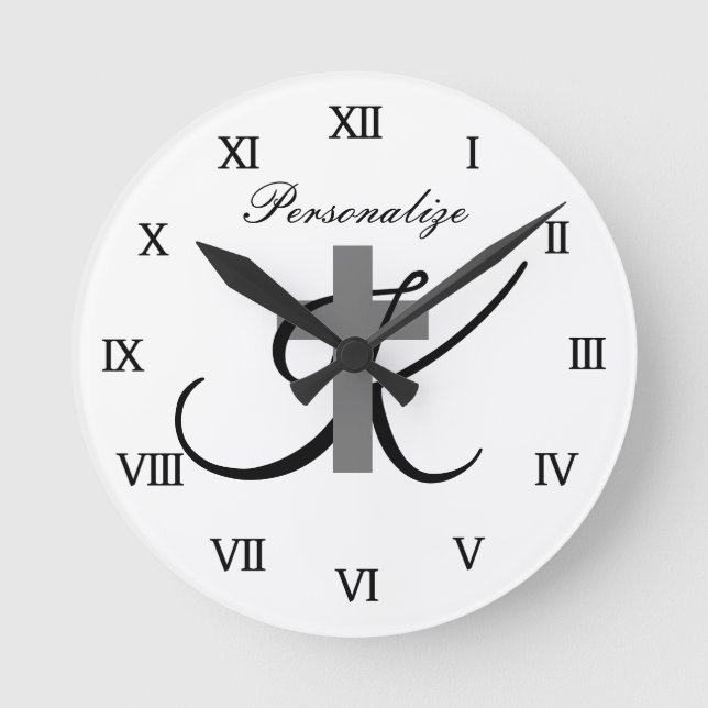 Custom monogram Christian religious cross symbol Round Clock (Front)