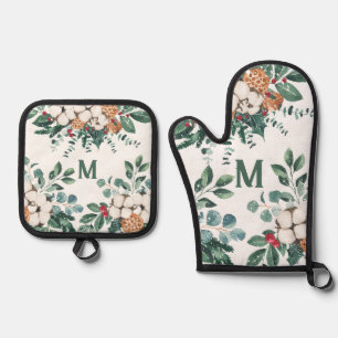 Custom Monogram Christmas Greenery  Oven Mitt & Pot Holder Set