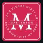 Custom Monogram Christmas Return Address Square Sticker<br><div class="desc">Customise with your Monogram. Circular Type on rounded square Return Address Label. All text is customisable. Please contact me with any questions or special requests. The "border" background colour is customisable, to match the monogram. Click "Customise It" and use the swatches on the right to change the background colour. The...</div>