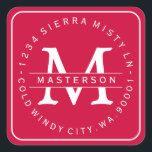 Custom Monogram Christmas Return Address Square Sticker<br><div class="desc">Customise with your Monogram. Circular Type on rounded square Return Address Label. All text is customisable. Please contact me with any questions or special requests. The "border" background colour is customisable, to match the monogram. Click "Customise It" and use the swatches on the right to change the background colour. The...</div>