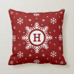 Custom Monogram Christmas Snowflake pillow<br><div class="desc">Custom monogram Christmas pillow. Personalised red pillow with white snowflakes. Large snowflake in centre of cushion where you can add your initial. Unique Christmas home decor accessory pillow - personalised with your monogram.</div>