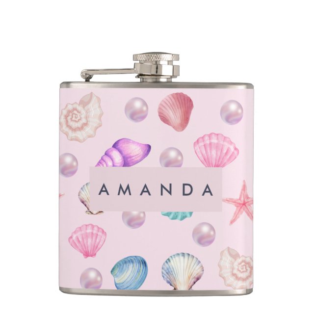 Custom Monogram Coastal Seashell Pearl Ocean Gifts Hip Flask (Front)