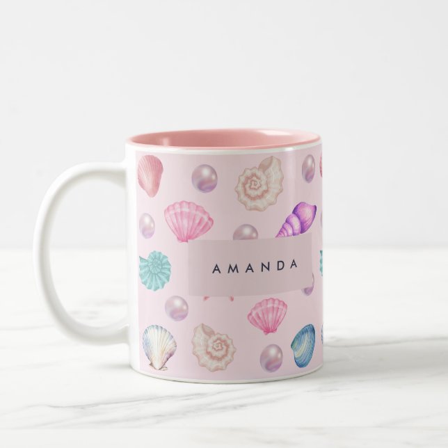 Custom Monogram Coastal Seashell Pearl Ocean Gifts Two-Tone Coffee Mug (Left)