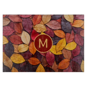 Custom Monogram Colourful Autumn Leaves Cutting Board