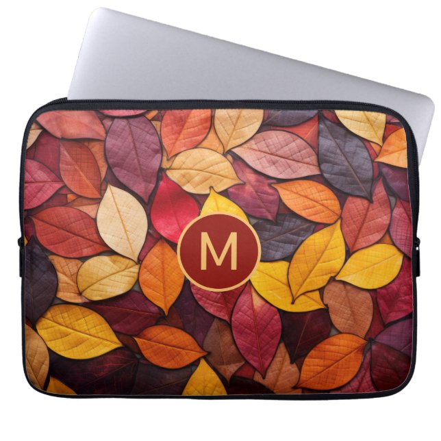 Custom Monogram Colourful Autumn Leaves Laptop Sleeve (Front)