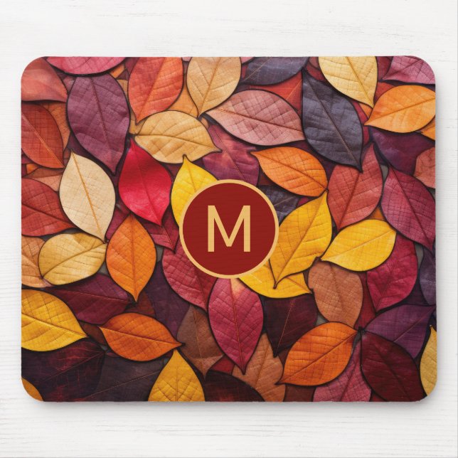 Custom Monogram Colourful Autumn Leaves Mouse Pad (Front)