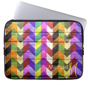 Custom Monogram Colourful Chevron Wooden #5 Laptop Sleeve