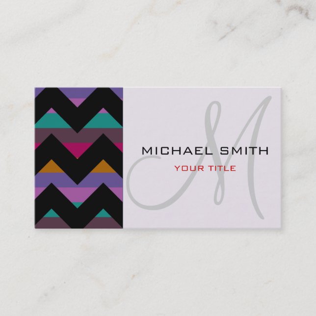 Custom Monogram Colourful Chevron Zigzag Pattern 3 Business Card (Front)