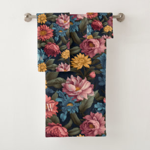 Custom Monogram Colourful Flower Pattern Bath Towel Set
