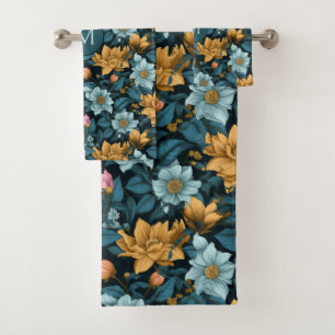 Custom Monogram Colourful Flower Pattern Bath Towel Set