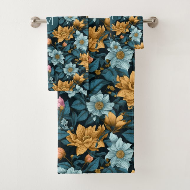 Custom Monogram Colourful Flower Pattern Bath Towel Set (Insitu)