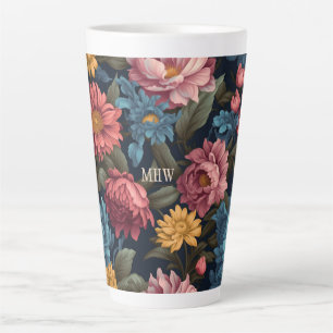 Custom Monogram Colourful Flower Pattern Latte Mug