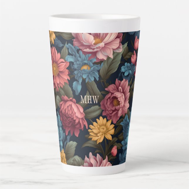 Custom Monogram Colourful Flower Pattern Latte Mug (Front)