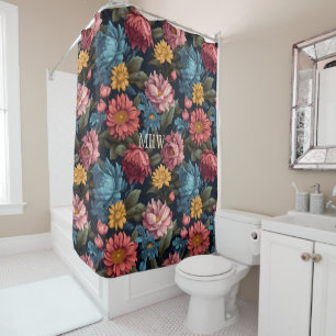 Custom Monogram Colourful Flower Pattern Shower Curtain