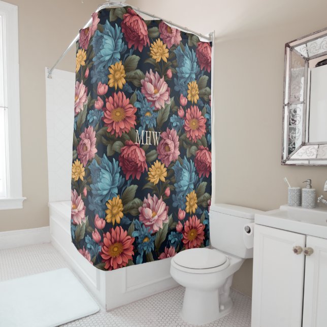 Custom Monogram Colourful Flower Pattern Shower Curtain (In Situ)