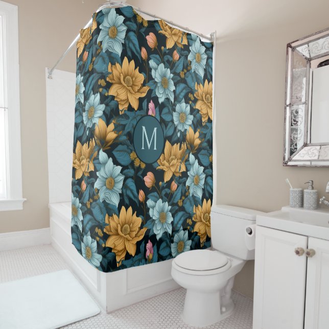 Custom Monogram Colourful Flower Pattern Shower Curtain (In Situ)