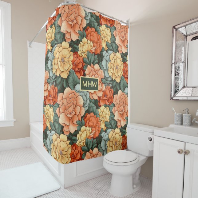 Custom Monogram Colourful Flower Pattern Shower Curtain (In Situ)