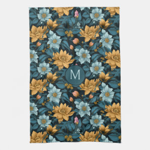 Custom Monogram Colourful Flower Pattern Tea Towel