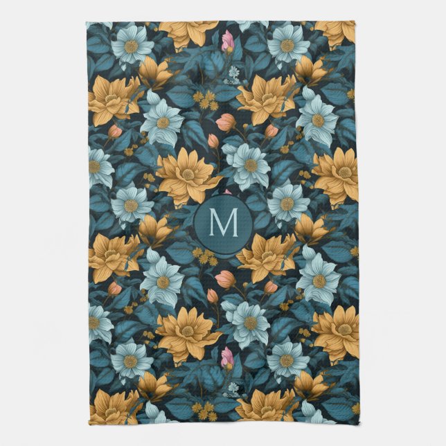 Custom Monogram Colourful Flower Pattern Tea Towel (Vertical)