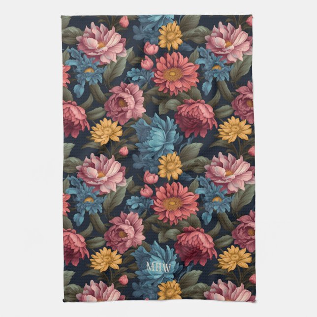 Custom Monogram Colourful Flower Pattern Tea Towel (Vertical)
