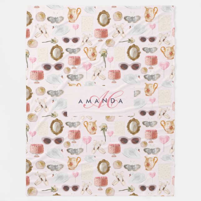 Custom Monogram Coquette Cute Girly Pink Feminine  Fleece Blanket (Front)