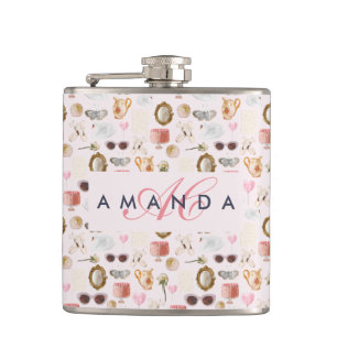 Custom Monogram Coquette Cute Girly Pink Feminine  Hip Flask