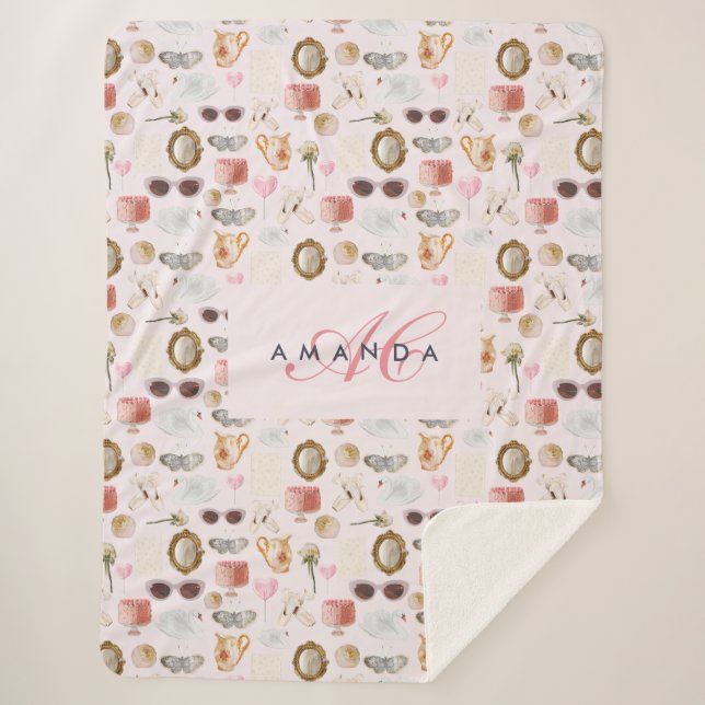 Custom Monogram Coquette Cute Girly Pink Feminine  Sherpa Blanket (Front)