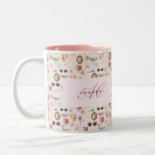 Custom Monogram Coquette Cute Girly Pink Feminine  Two-Tone Coffee Mug