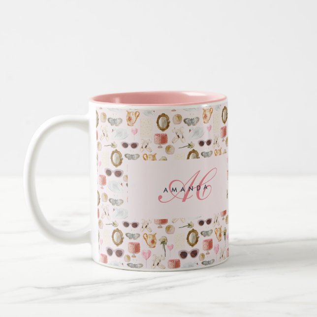 Custom Monogram Coquette Cute Girly Pink Feminine  Two-Tone Coffee Mug (Left)