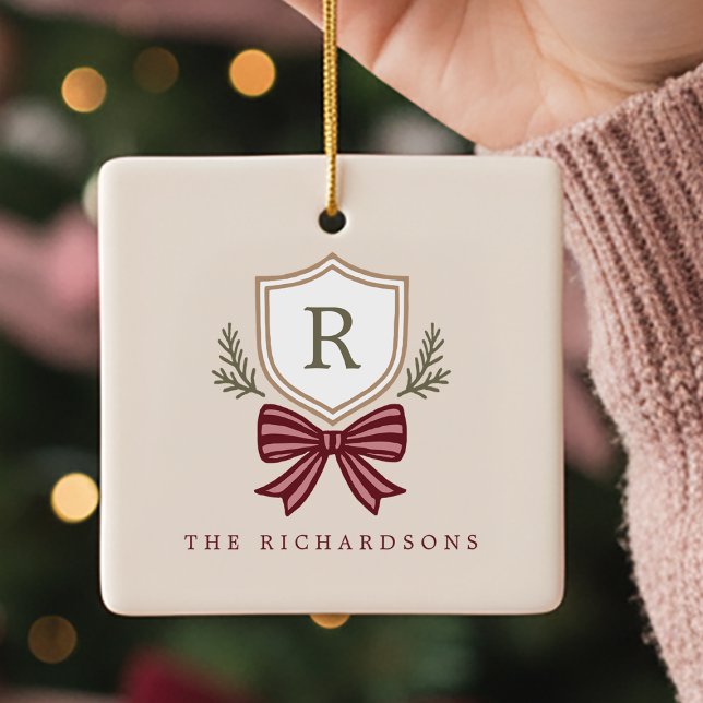 Custom Monogram Crest Bow Christmas Ceramic Ornament (Creator Uploaded)
