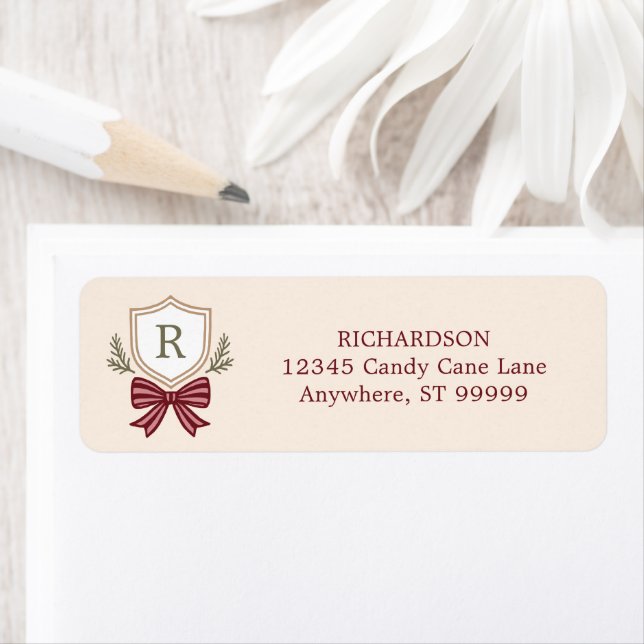 Custom Monogram Crest Bow Christmas Return Address Label (Insitu)